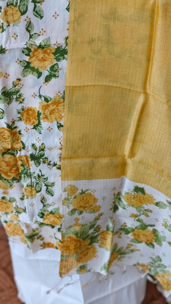 White and yellow printed tussar silk suit