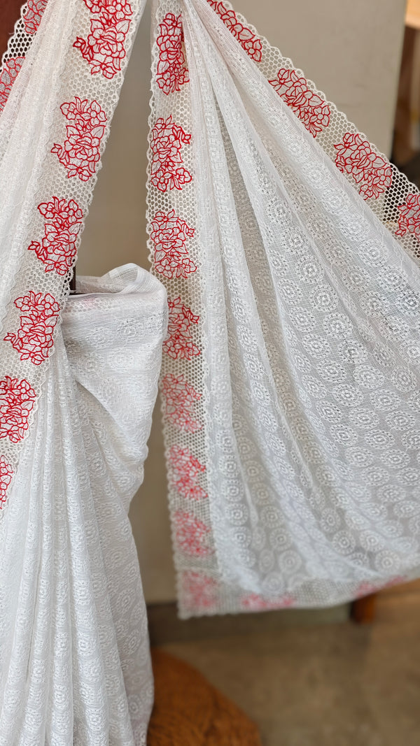 White tepchi kota cutwork saree