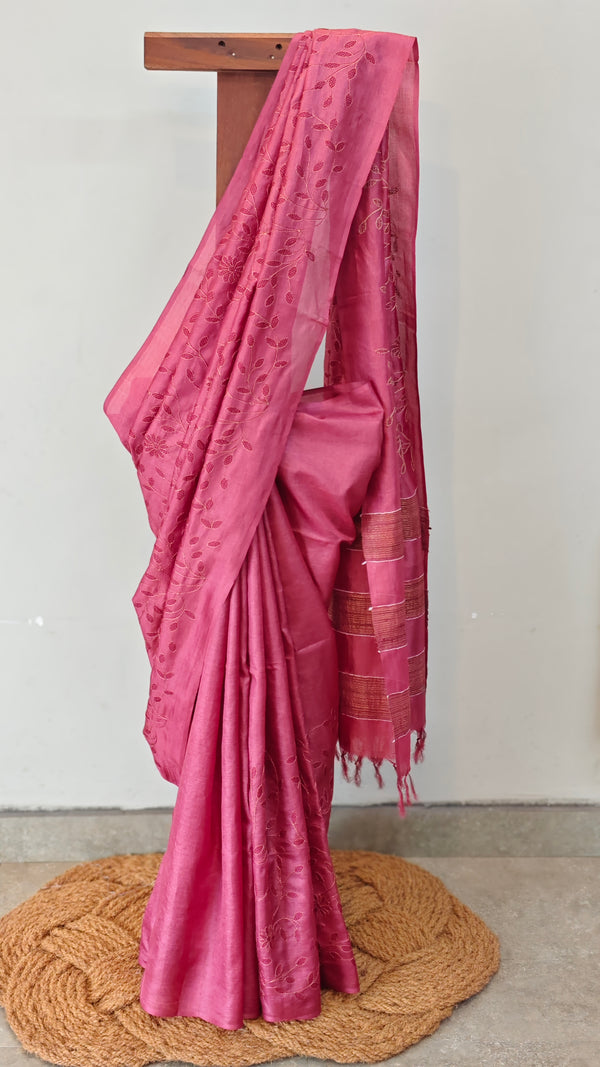 Dark pink embroiderd tussar silk saree