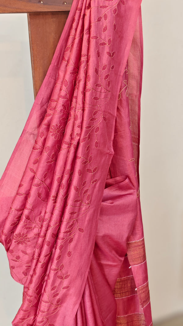 Dark pink embroiderd tussar silk saree