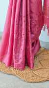 Dark pink embroiderd tussar silk saree