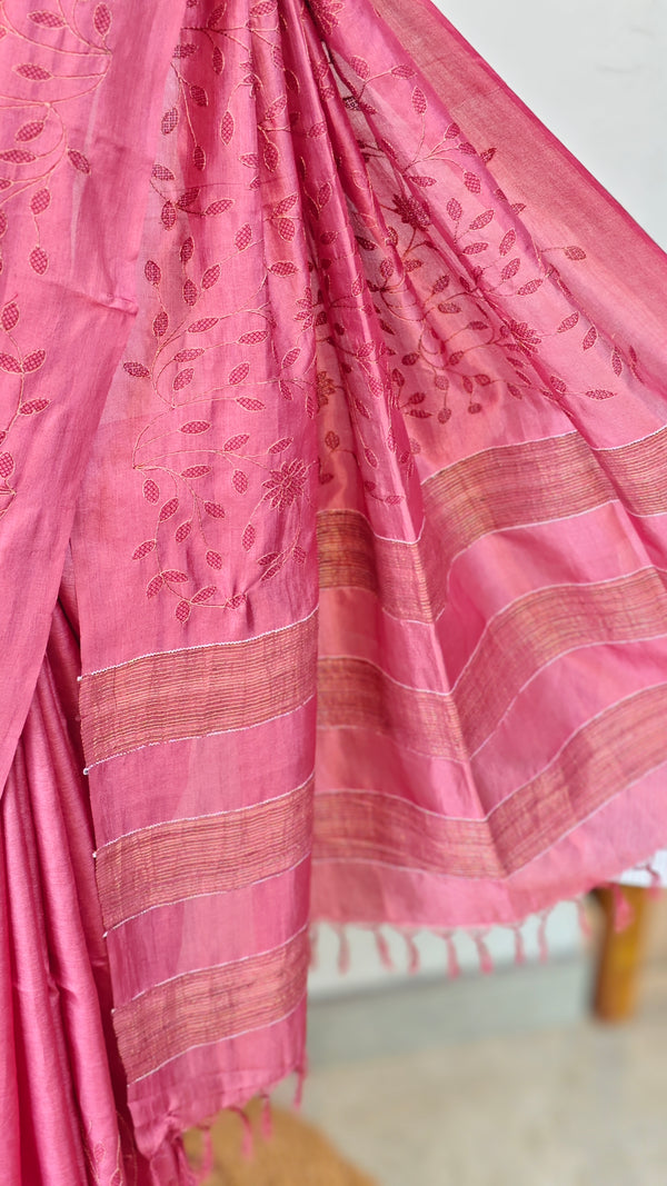 Dark pink embroiderd tussar silk saree