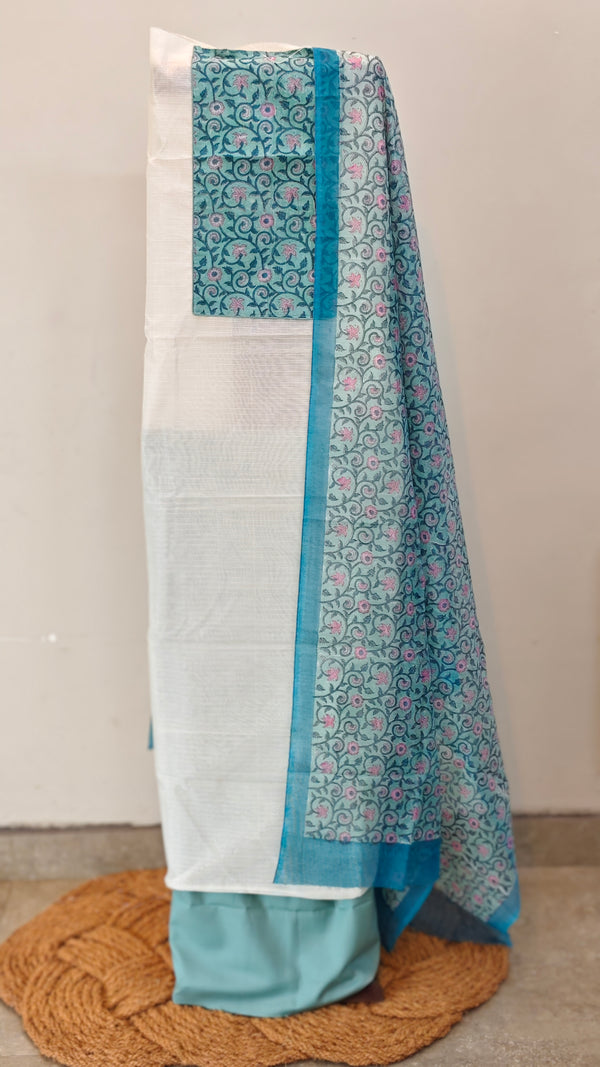 Off white and teal net kota suit