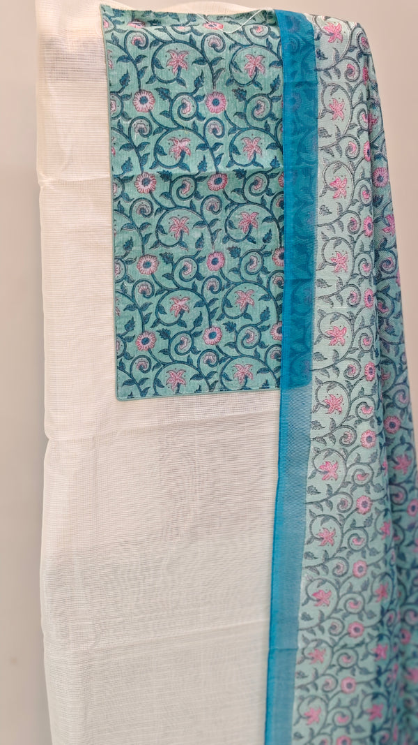 Off white and teal net kota suit