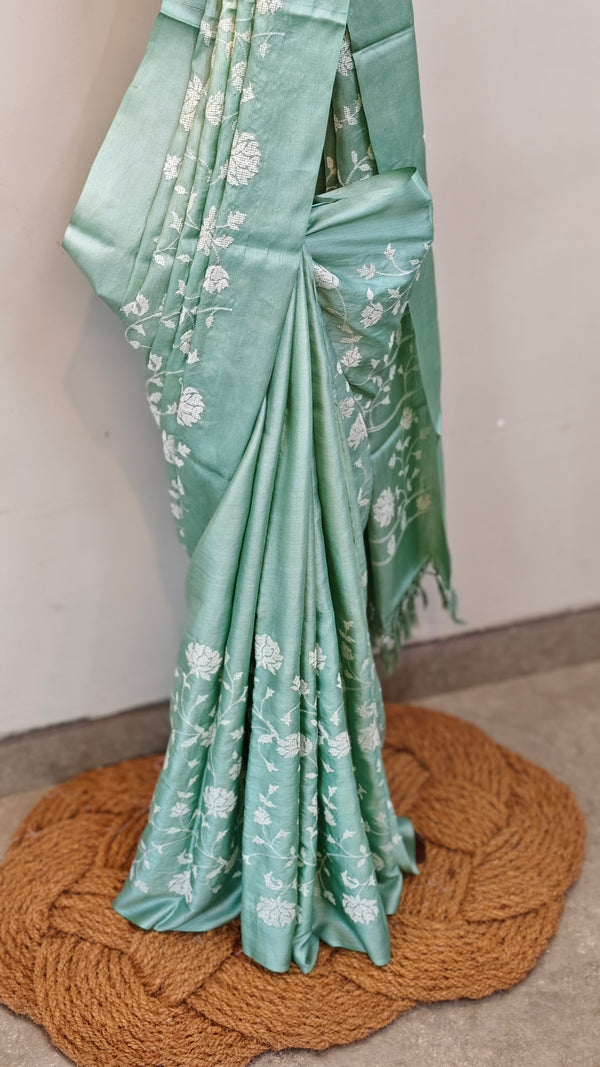 Mint green embroidered tussar silk saree