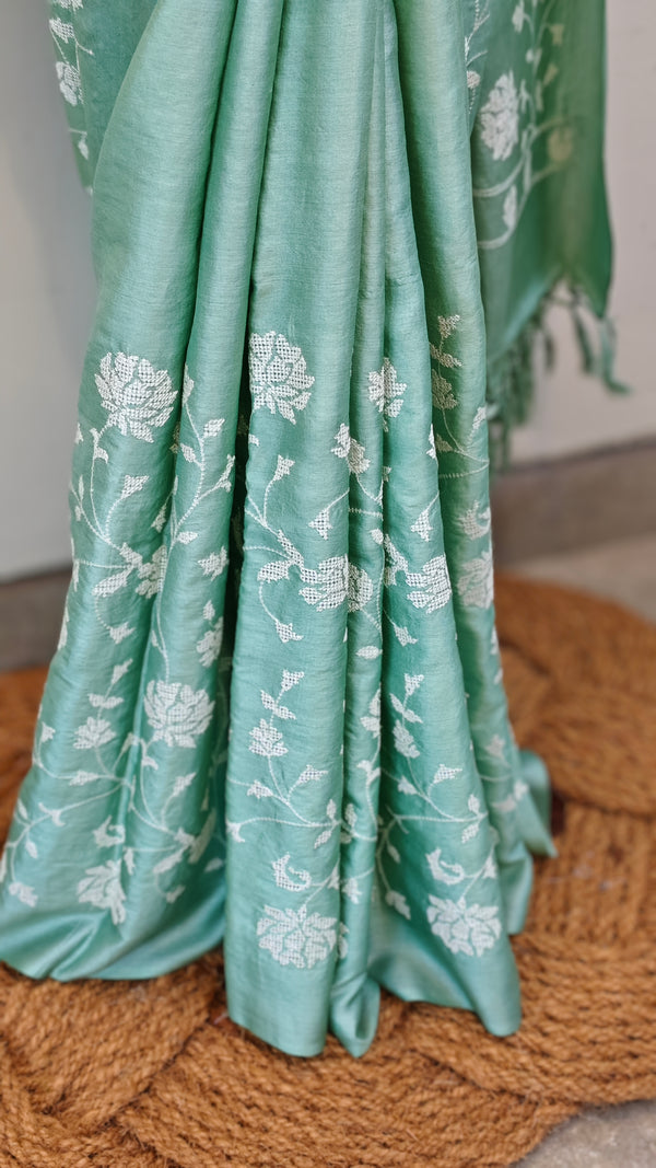 Mint green embroidered tussar silk saree