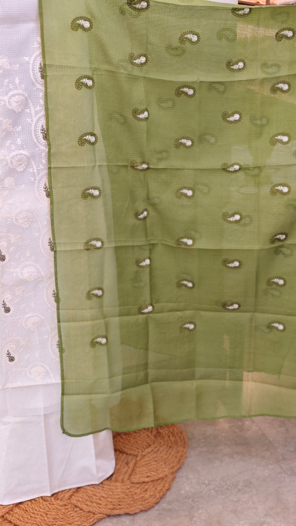 Off white and green net kota suit