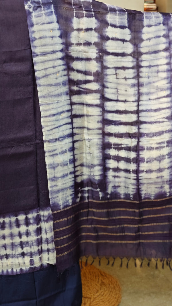 Indigo shibori printed tussar silk suit
