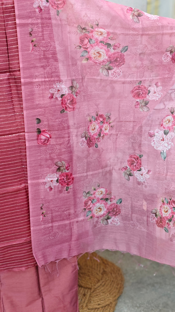 Blush pink tussar silk suit with floral dupatta