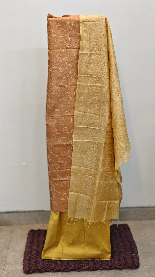 Mustard and brown tussar silk suit