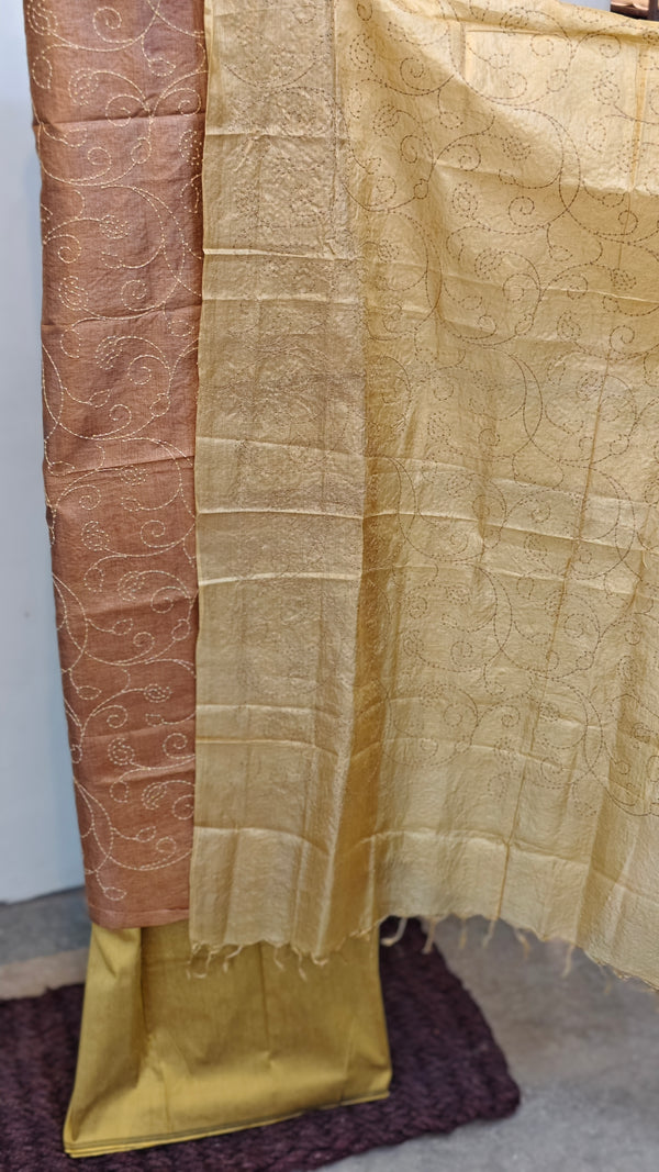 Mustard and brown tussar silk suit