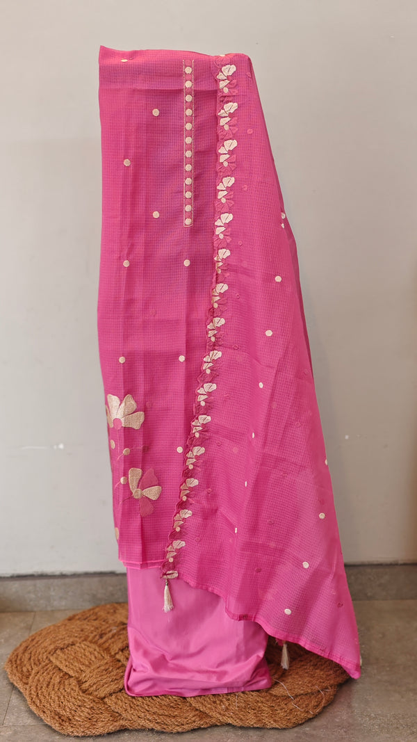 Pink embroidered net kota suit