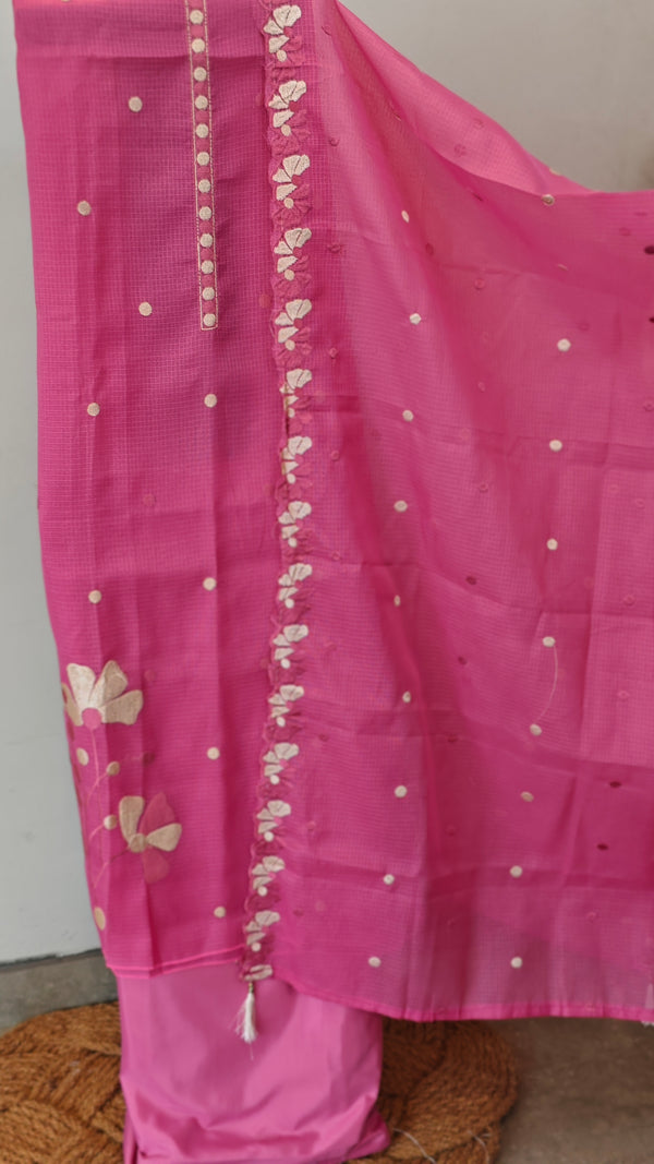 Pink embroidered net kota suit