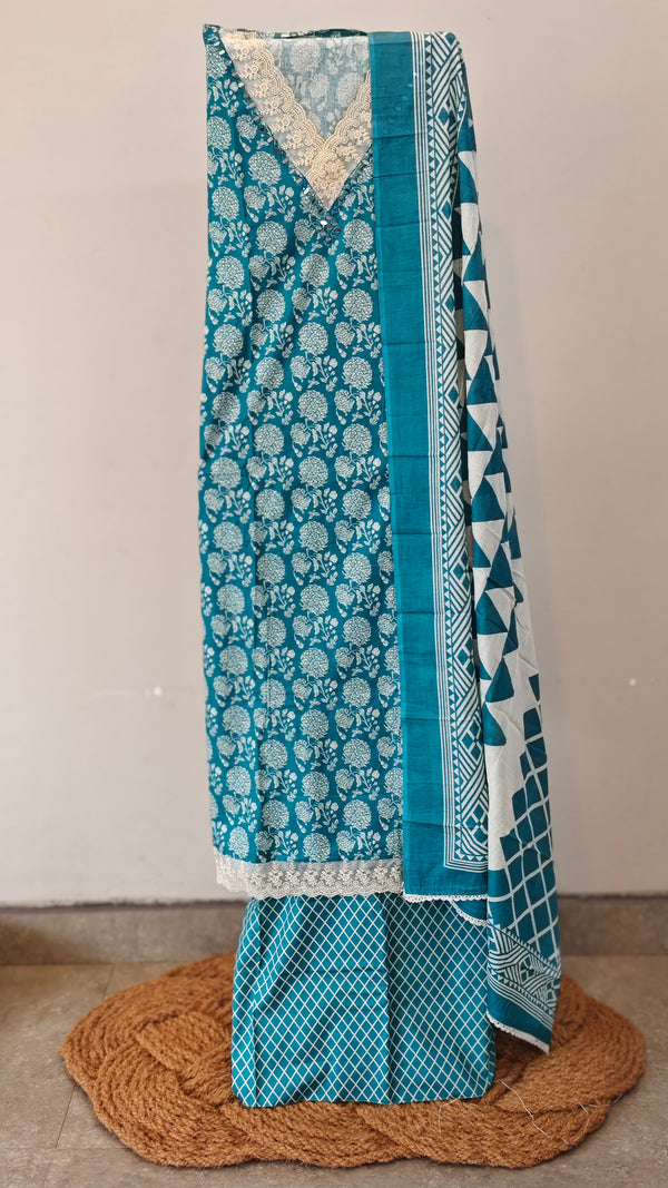 Teal cotton printed suit