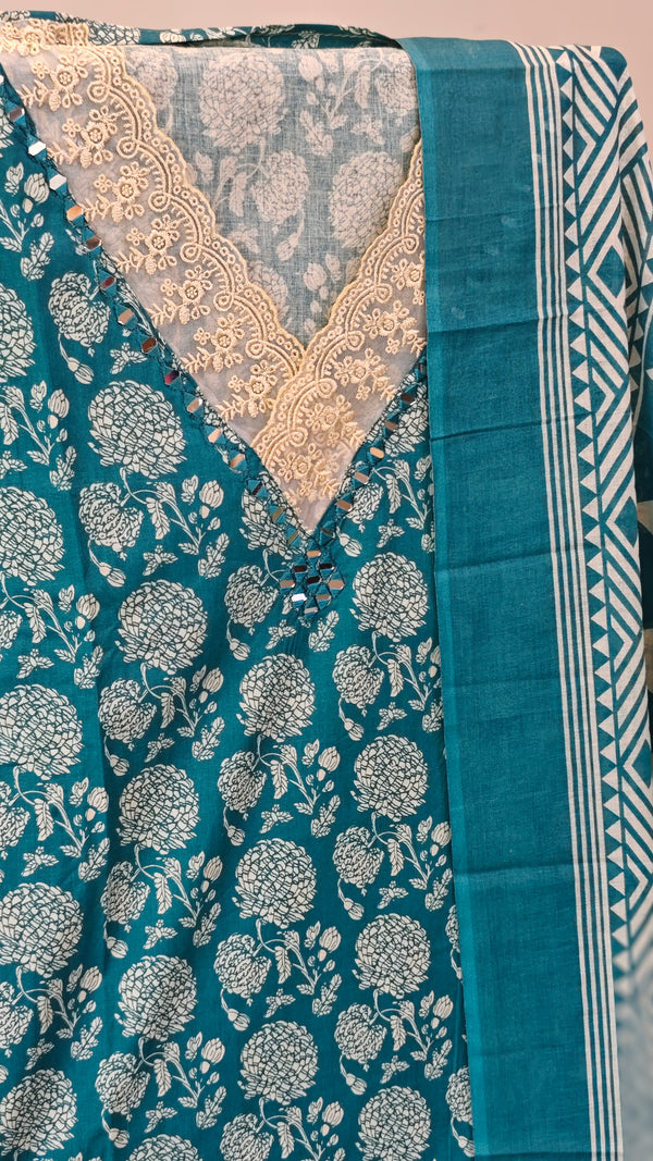 Teal cotton printed suit