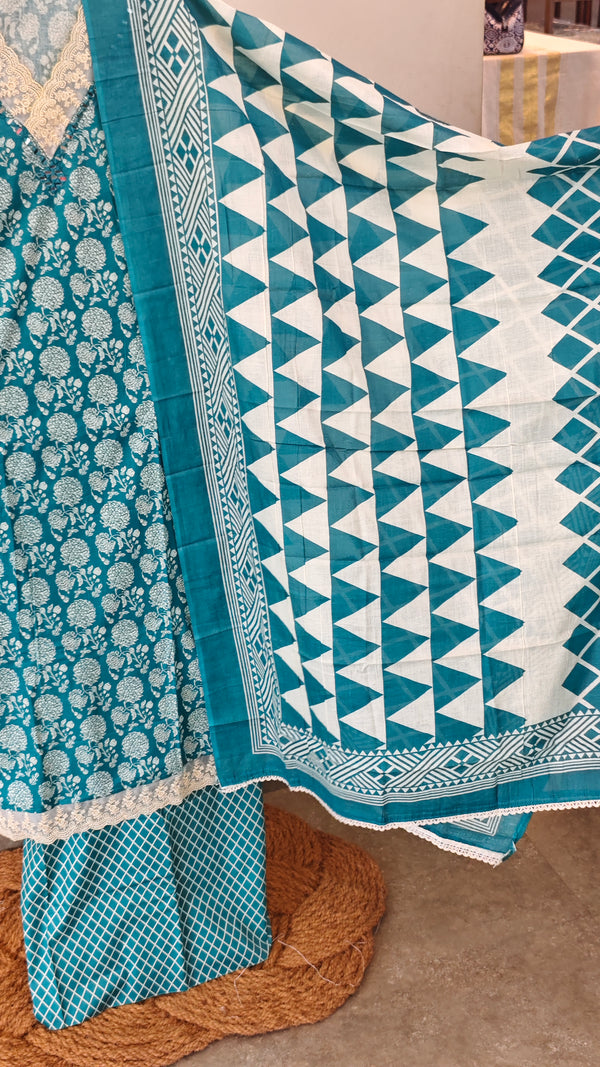 Teal cotton printed suit