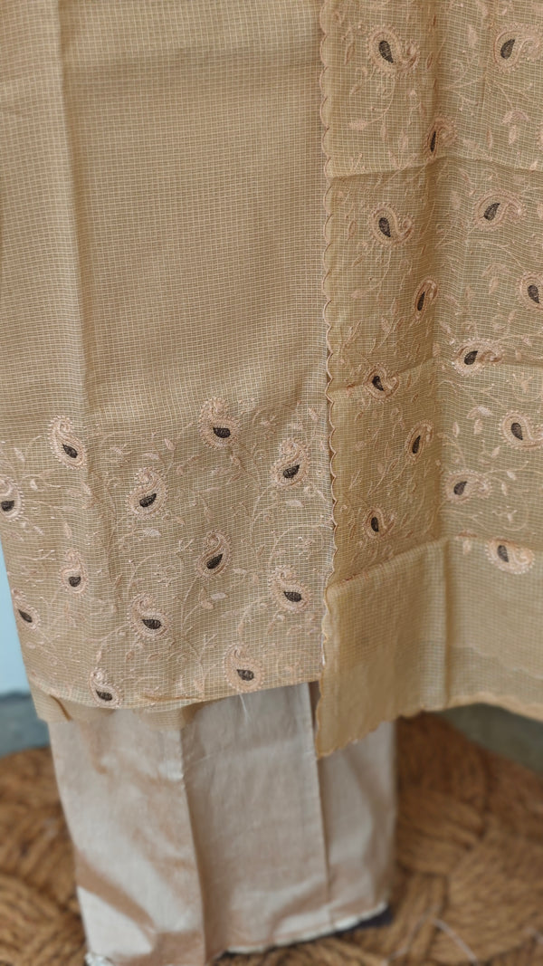 Beige embroidered net kota suit