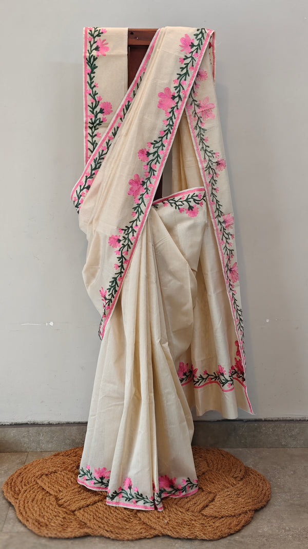 Off white Aari embroidered moonga kota saree