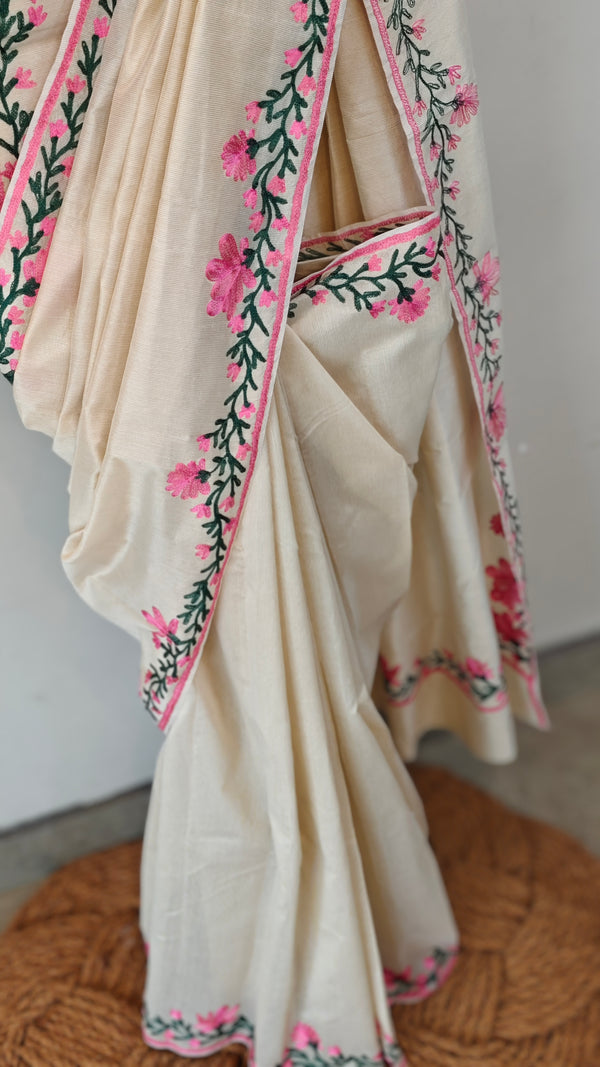Off white Aari embroidered moonga kota saree