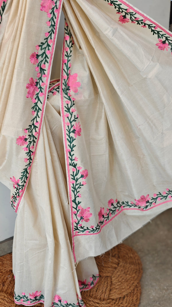 Off white Aari embroidered moonga kota saree