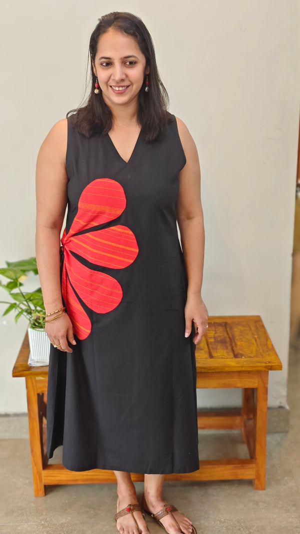 Black sleeveless kurti with red floral applique