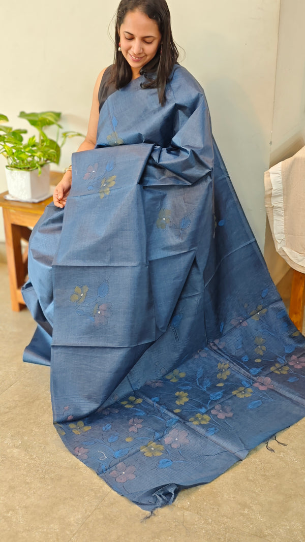 72PT - Dark blue hand painted tussar silk saree