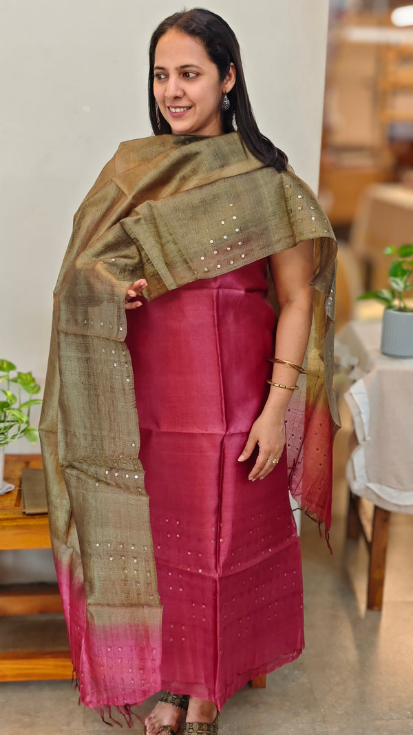 4215 - Ombre tussar silk suit - Pink and olive green