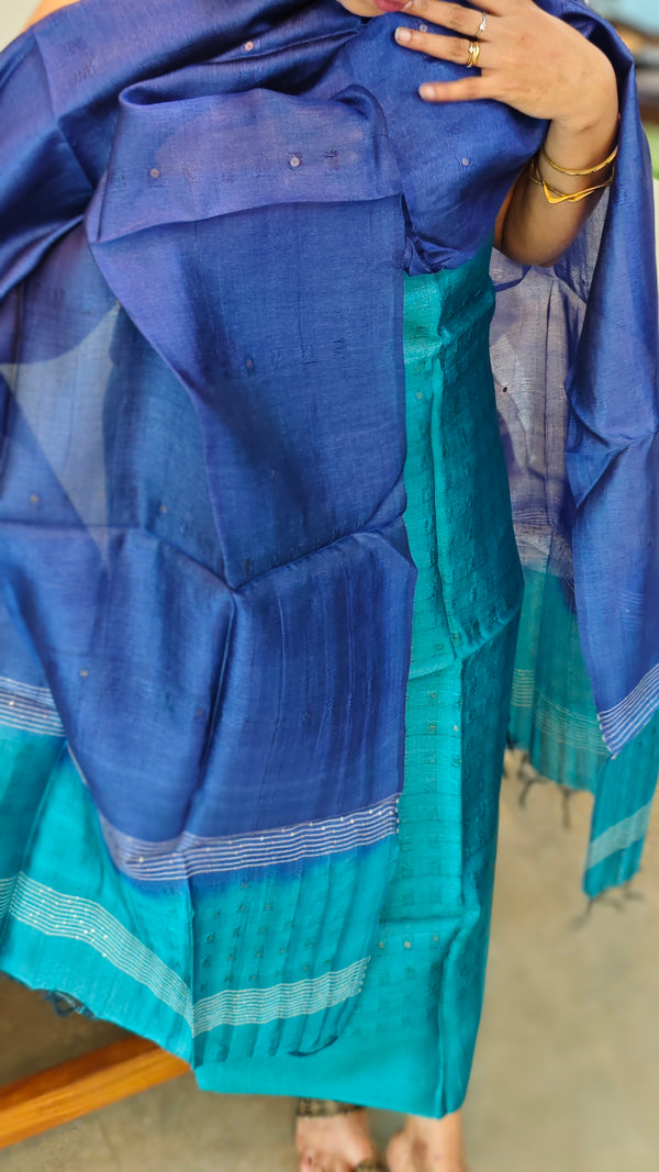 4215 - Ombre tussar silk suit - Teal and indigo