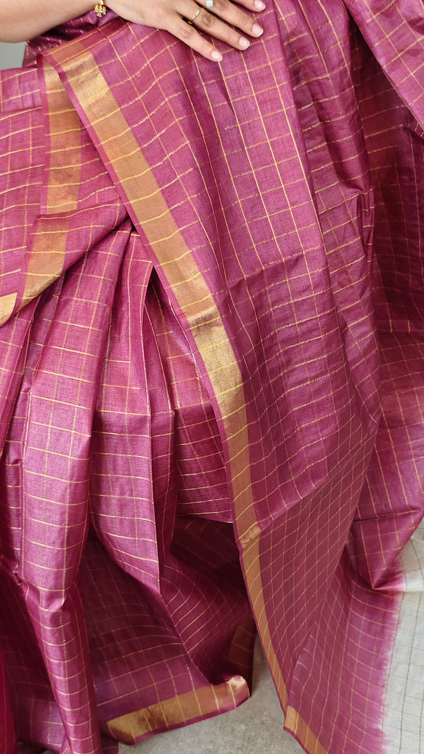 Wine Maroon checked tussar saree