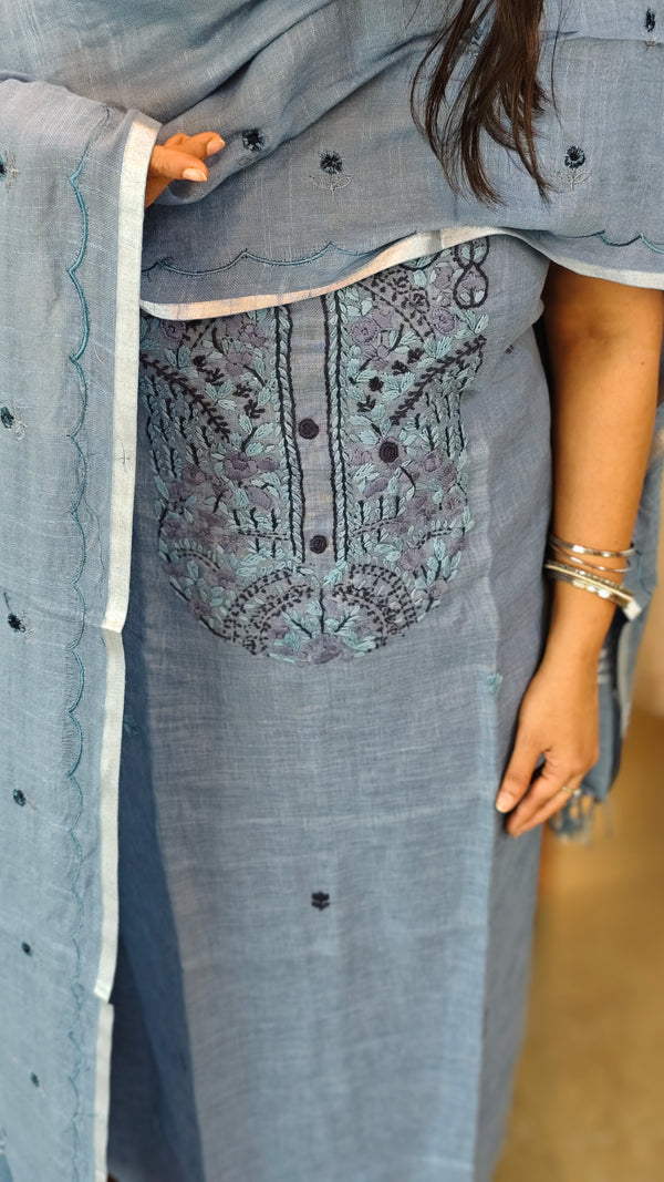 Blue linen hand embroidered suit