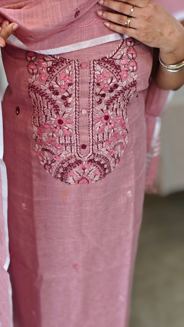 Blush pink linen hand embroidered suit