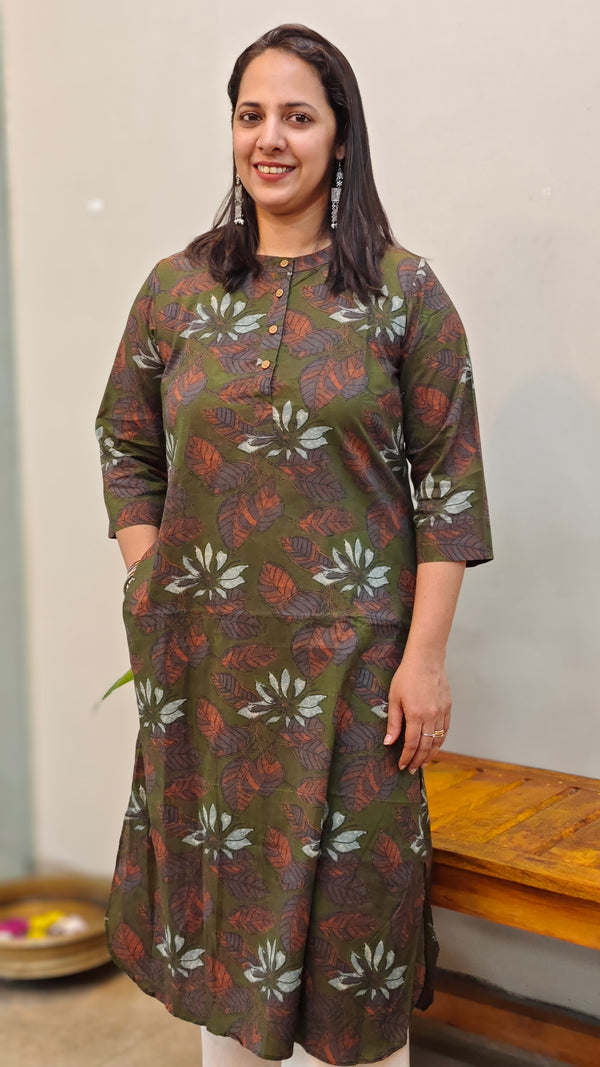 Dark green printed cotton kurti