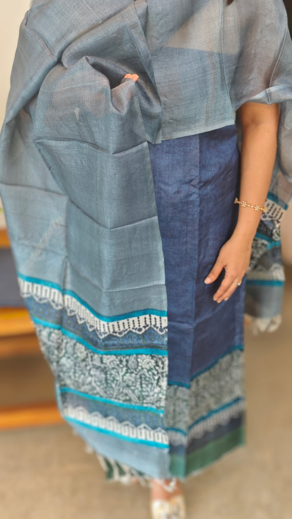 Navy blue printed tussar silk suit