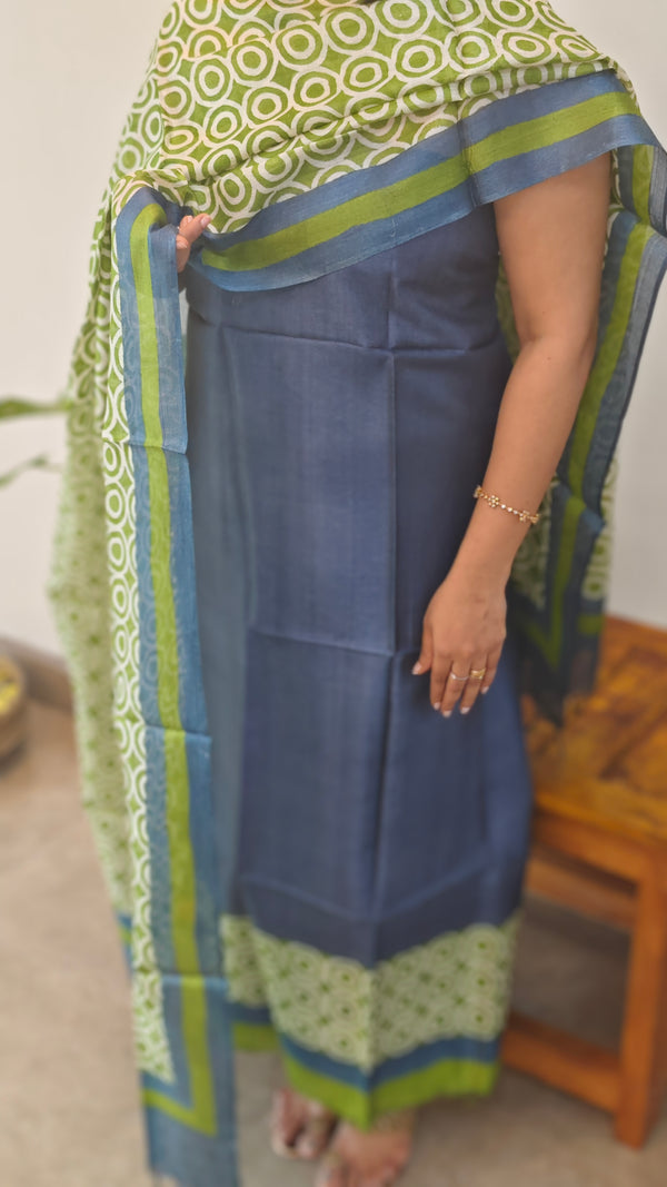 Blue and green printed tussar silk suit