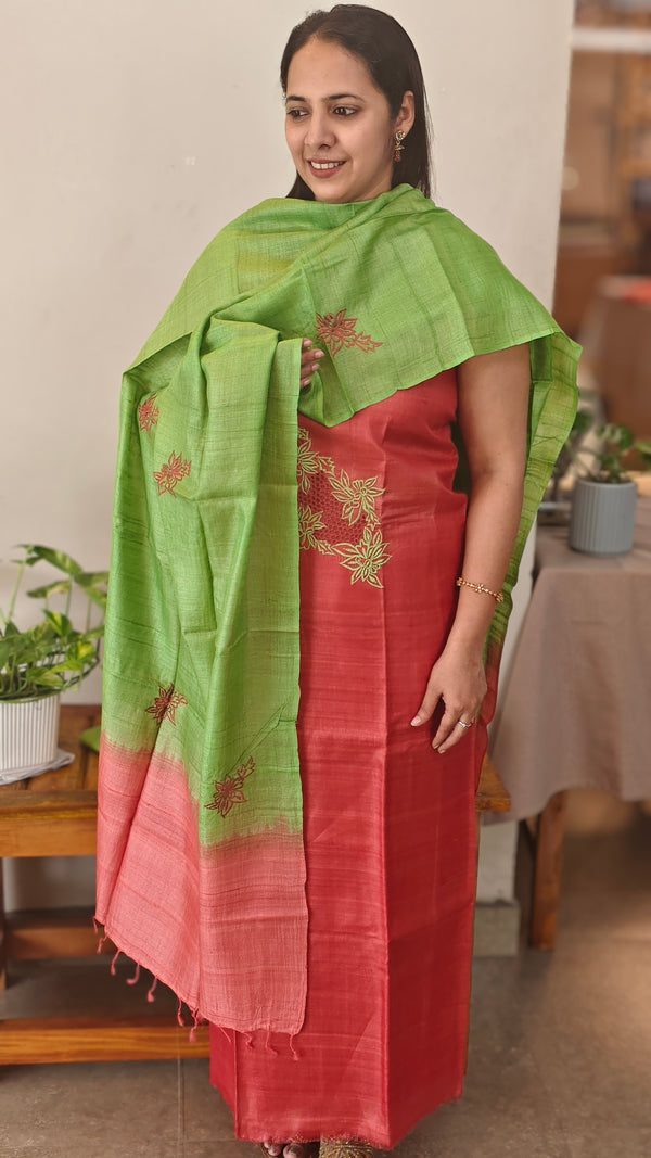 Brick red and green cutwork tussar silk suit