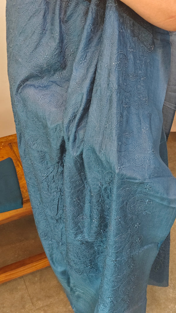 Azure blue embroidered tussar silk suit