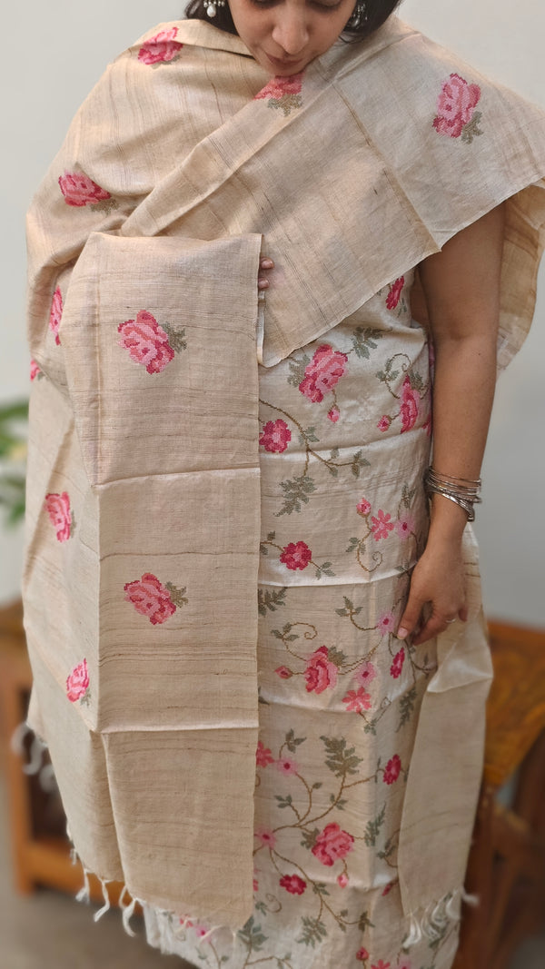 Cream cross stitch embroidered desi tussar silk suit