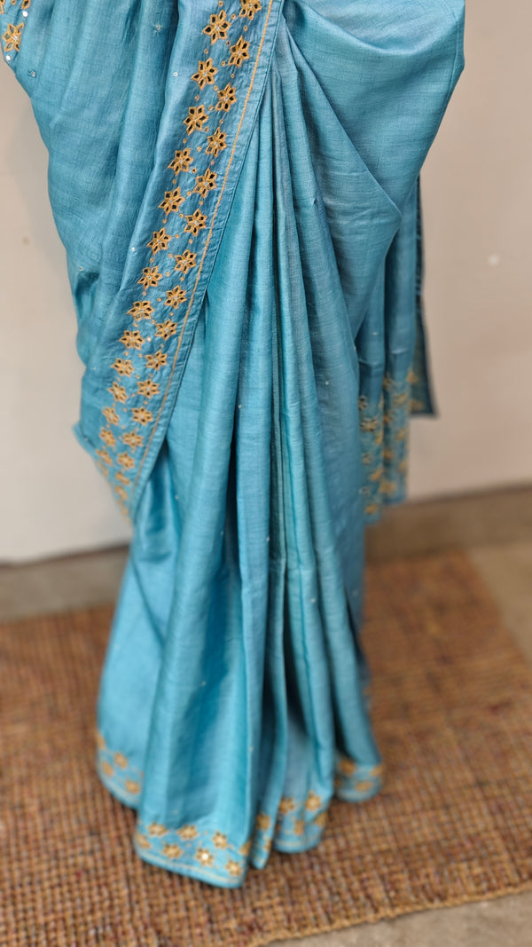 Powder blue cutwork tussar silk saree
