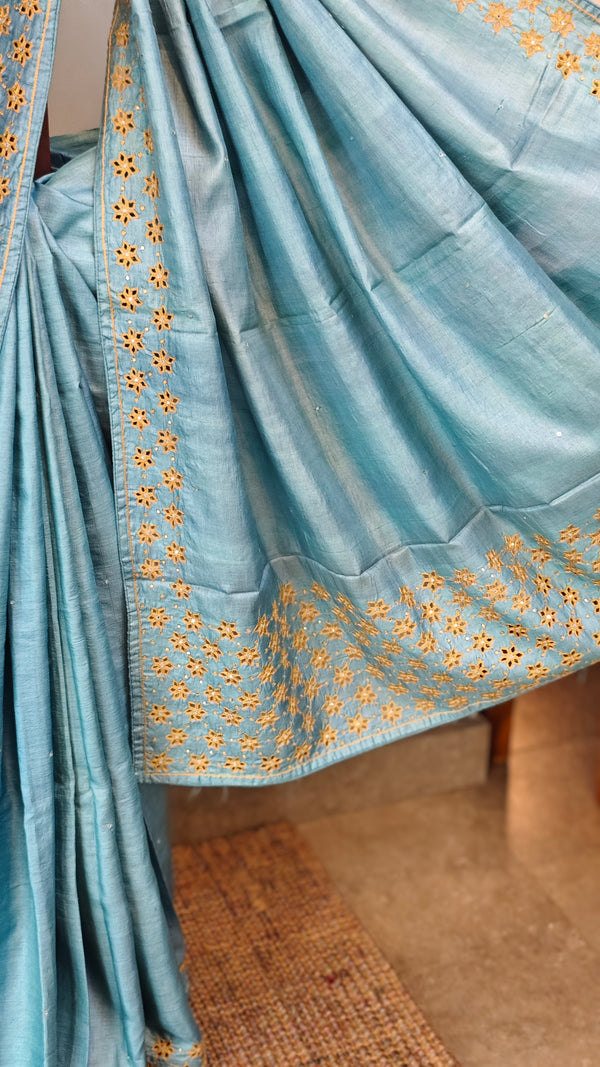 Powder blue cutwork tussar silk saree