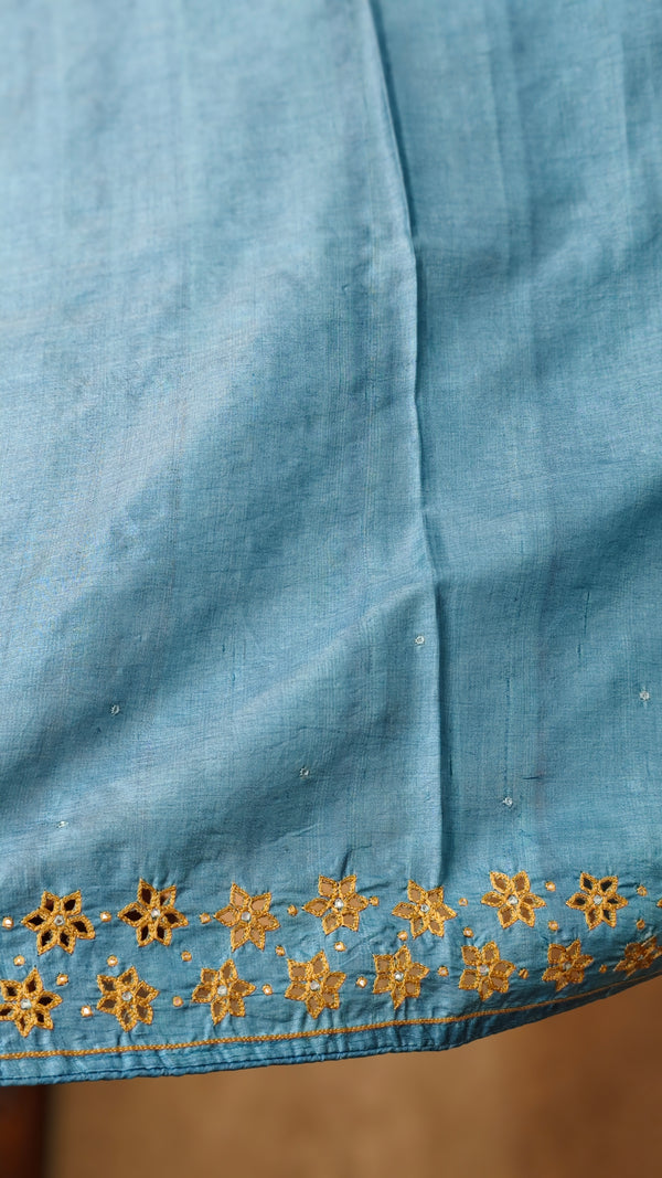 Powder blue cutwork tussar silk saree