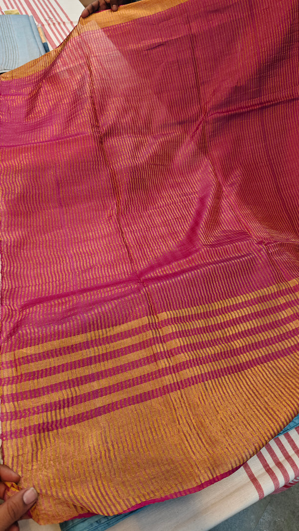 Magenta tussar silk saree with zari border and pallu