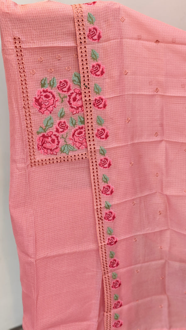 Peach net kota suit with cutwork and cross stitch embroidery