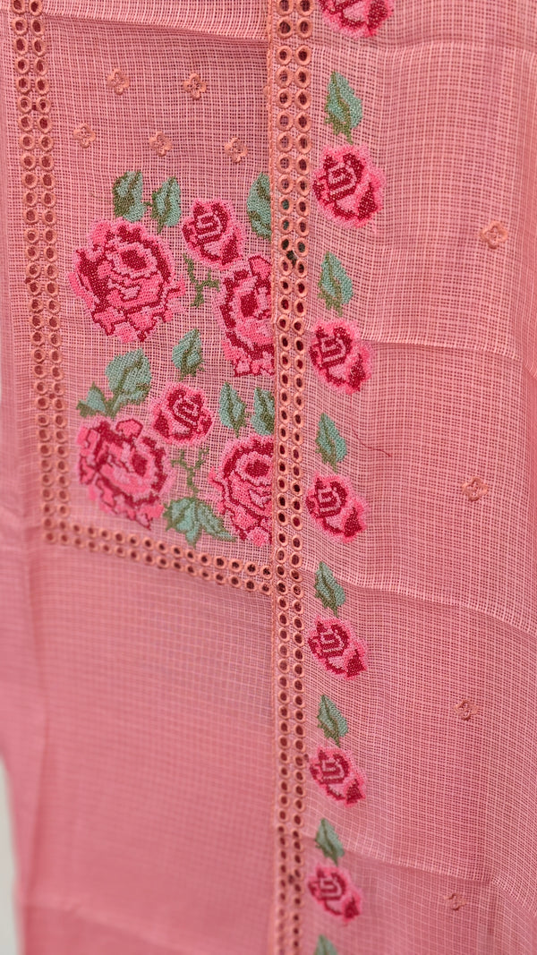 Peach net kota suit with cutwork and cross stitch embroidery