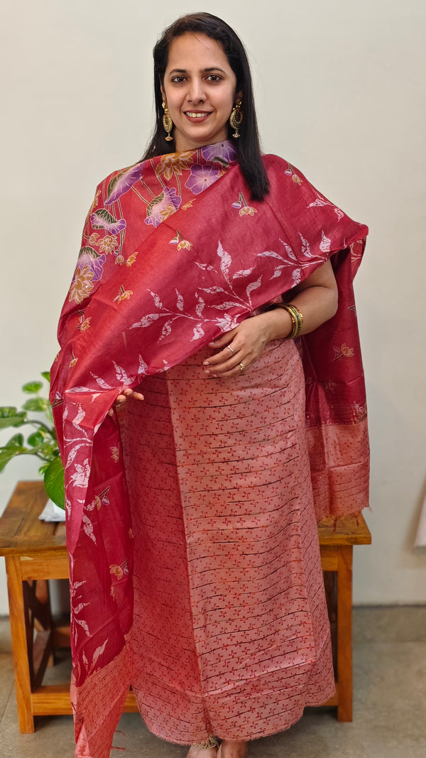 Peach and dark pink printed tussar silk suit