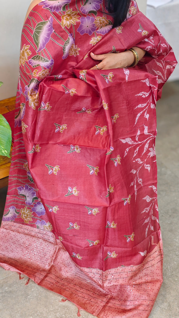 Peach and dark pink printed tussar silk suit