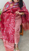 Peach and dark pink printed tussar silk suit