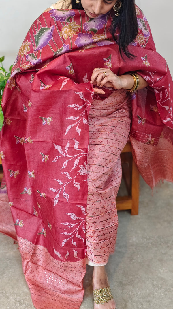 Peach and dark pink printed tussar silk suit