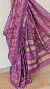 Grape shade embroidered tussar silk saree