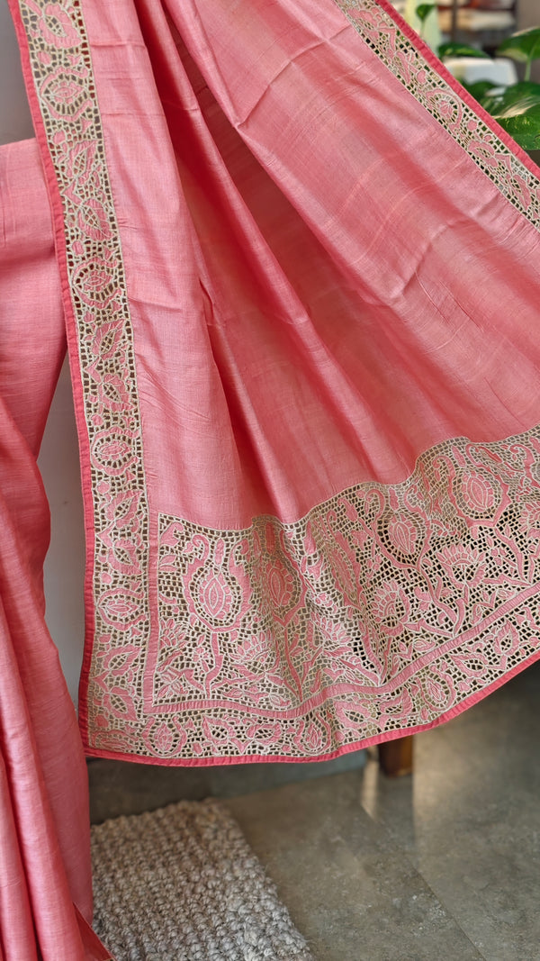 Light peach tussar saree with cutwork designs
