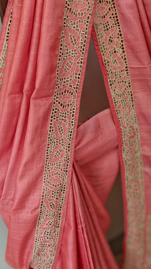 Light peach tussar saree with cutwork designs